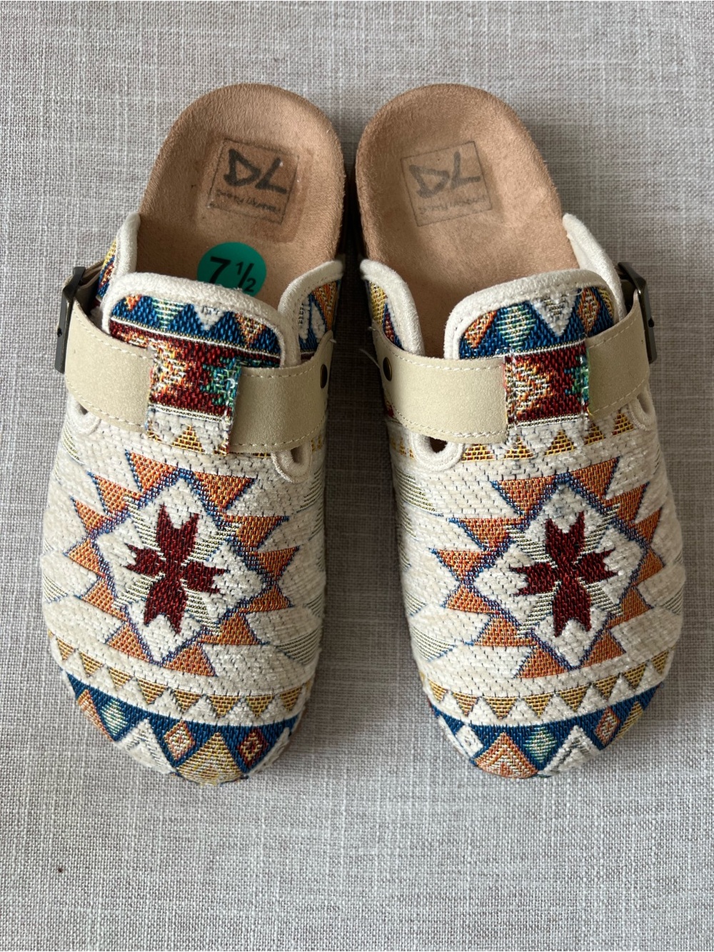 DL Beige Embroidered Slip-On Clogs with Multicolor Pattern, Womens 7.5